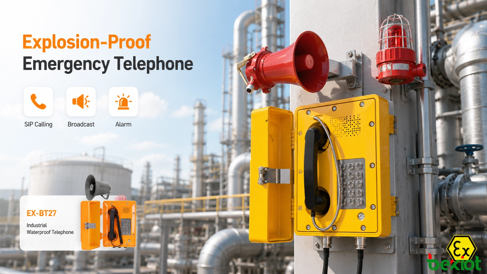 Explosion-proof telephone installed in a hazardous petrochemical area with alarm and industrial communication functions