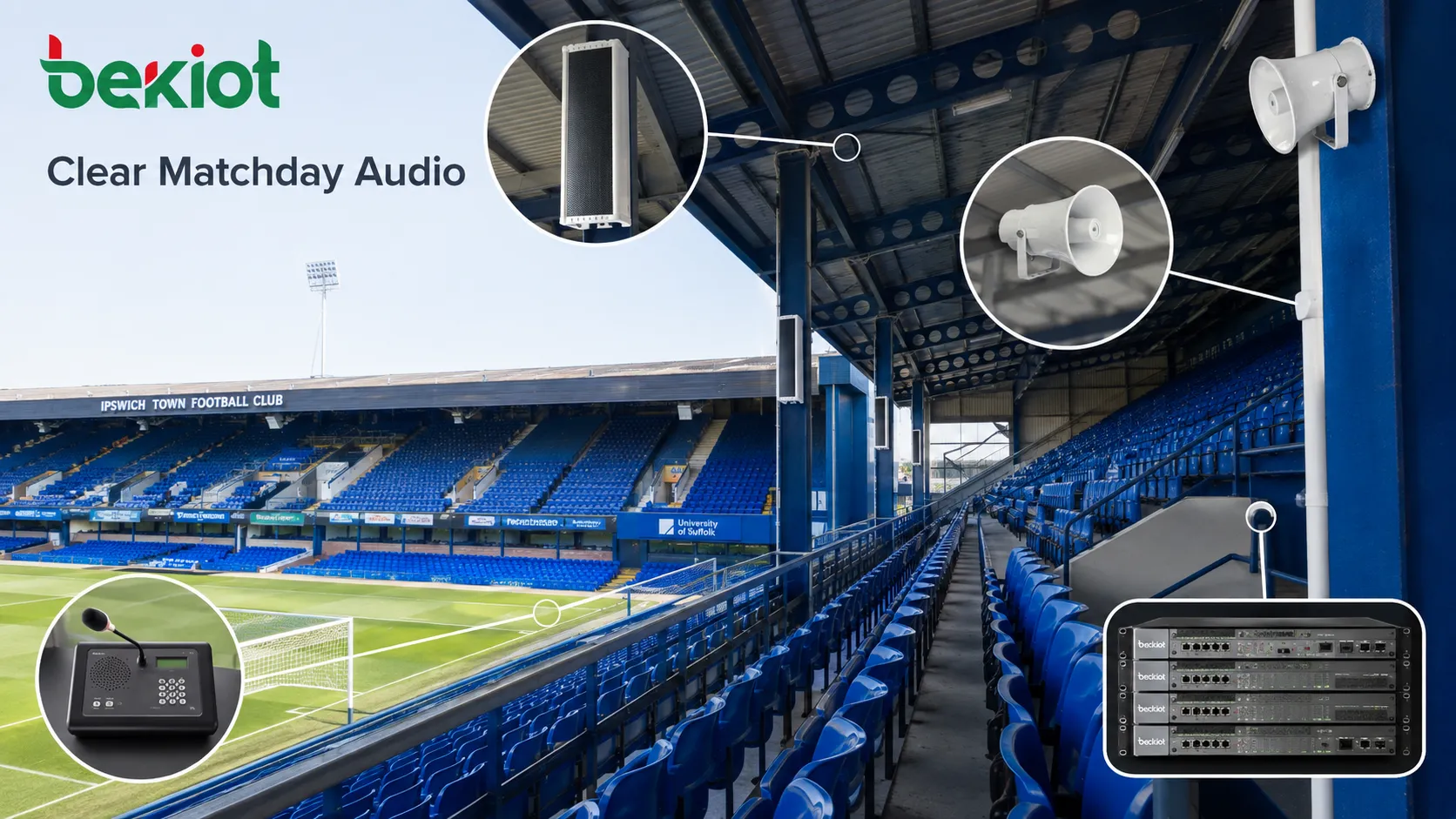 Exterior and stands of Ipswich Town's Portman Road stadium, where the club plans a £1 million PA system upgrade