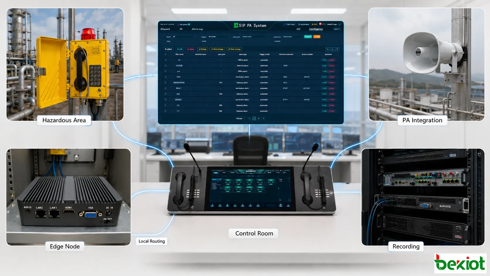 Industrial telephone low-latency dispatch platform routing showing a local SIP server, control room dispatch console, explosion-proof telephone, recording system, PA integration, and edge access node