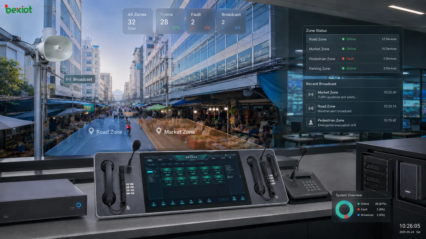 Smart-road public address operation showing CCTV monitoring, a control center, zoned loudspeakers, smart streetlight poles and public communication across the road environment