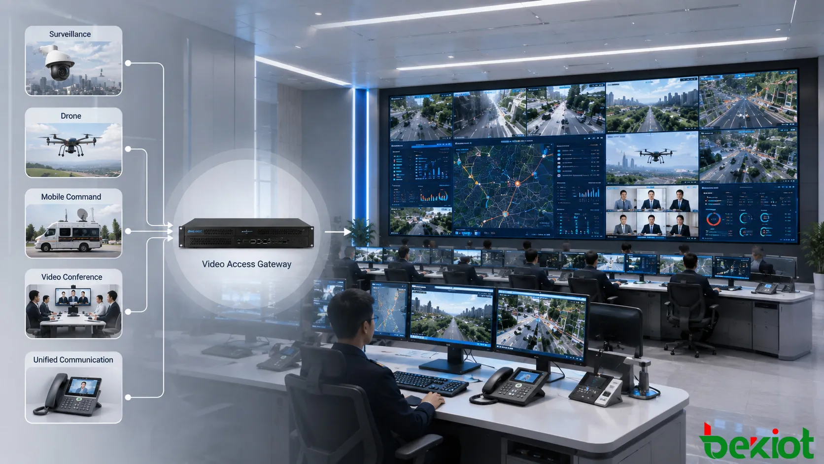 Command center integrating surveillance cameras, video conferencing, drones, mobile command vehicles and unified communication video through a shared video access layer
