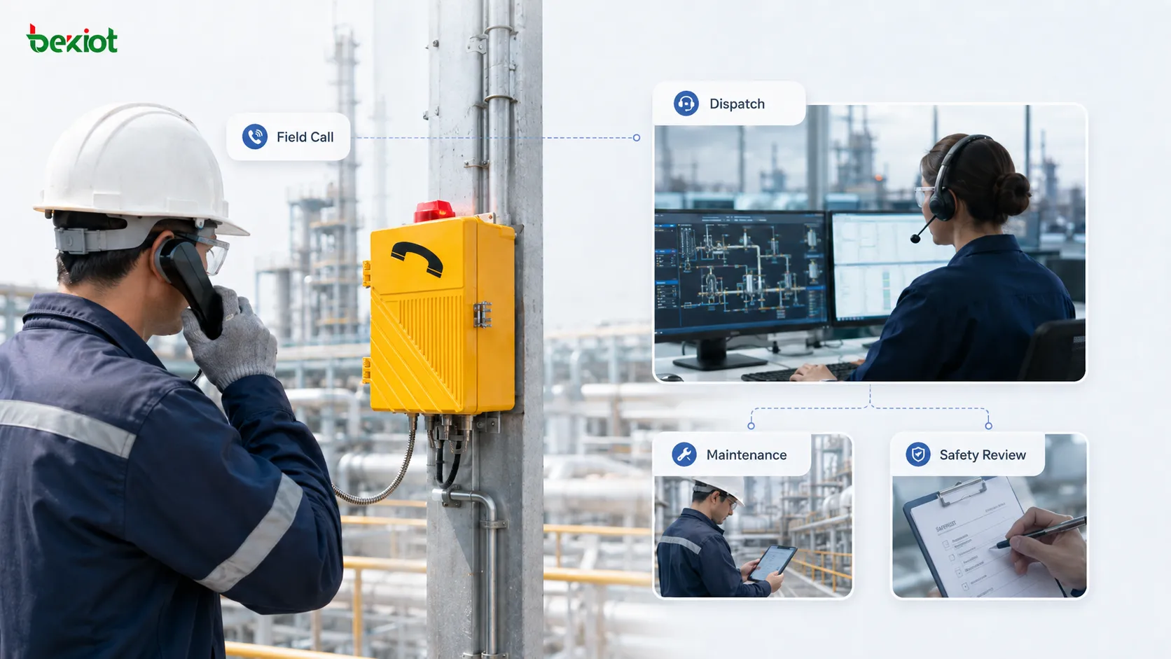 Industrial telephone voice clarity user experience survey showing high-noise workshop field worker using handset control room answering two-way call testing and feedback records