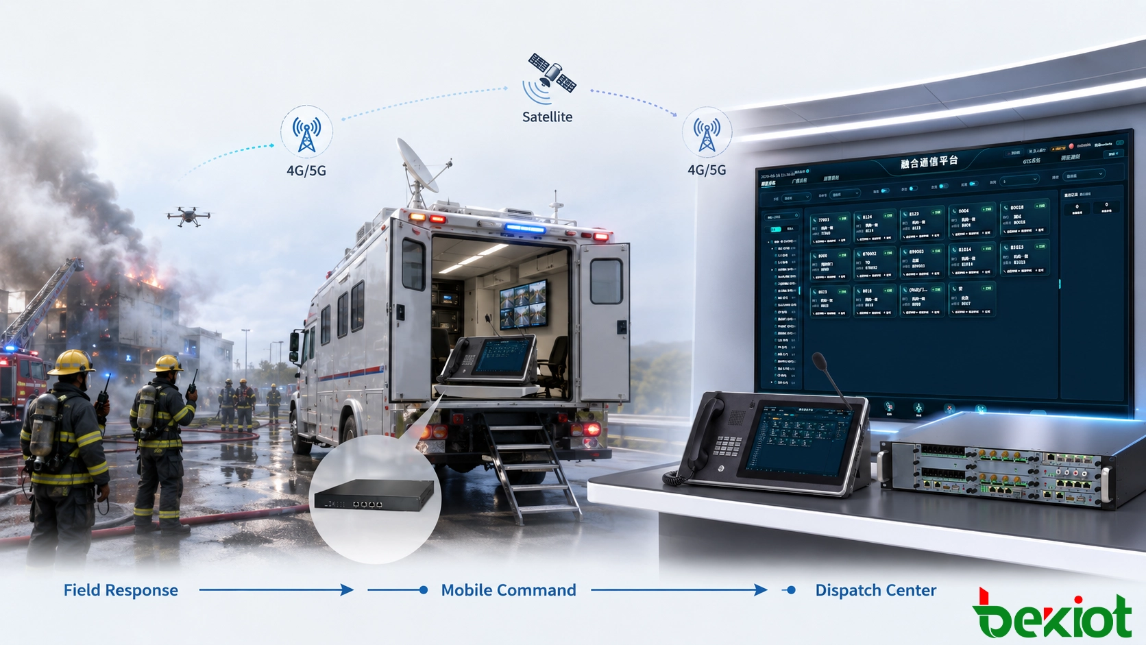 Emergency response workflow showing firefighters and rescue personnel using radios connected through an emergency command vehicle to a remote dispatch center over 4G 5G and satellite communication links