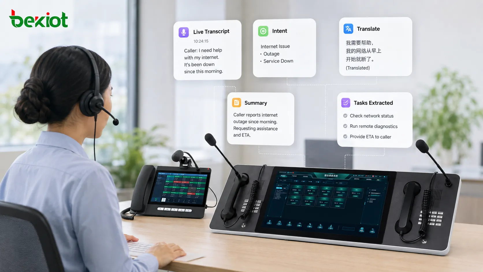 AI-assisted real-time VoIP call analysis showing speech transcription, customer intent detection, live translation, historical data matching and intelligent agent assistance
