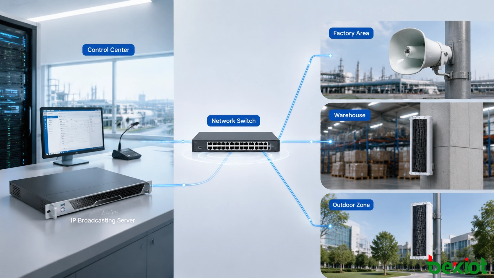 Remote IP broadcasting architecture connecting server network and IP audio terminals