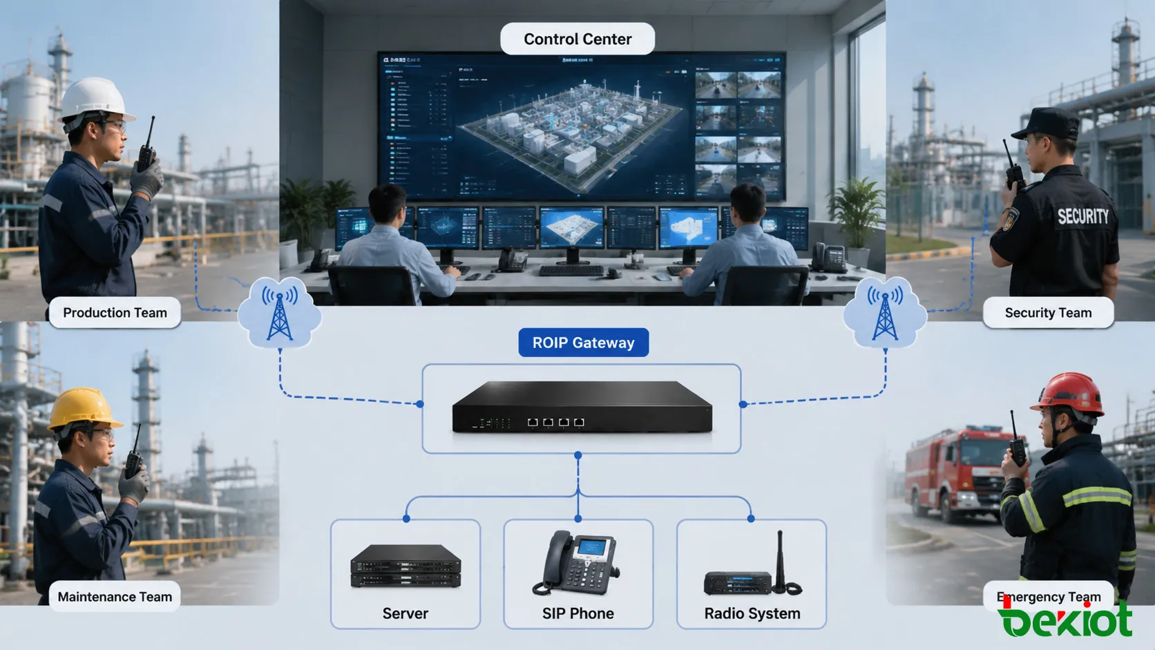 Industrial command center integrating PoC radios and ROIP gateway communication systems for emergency coordination