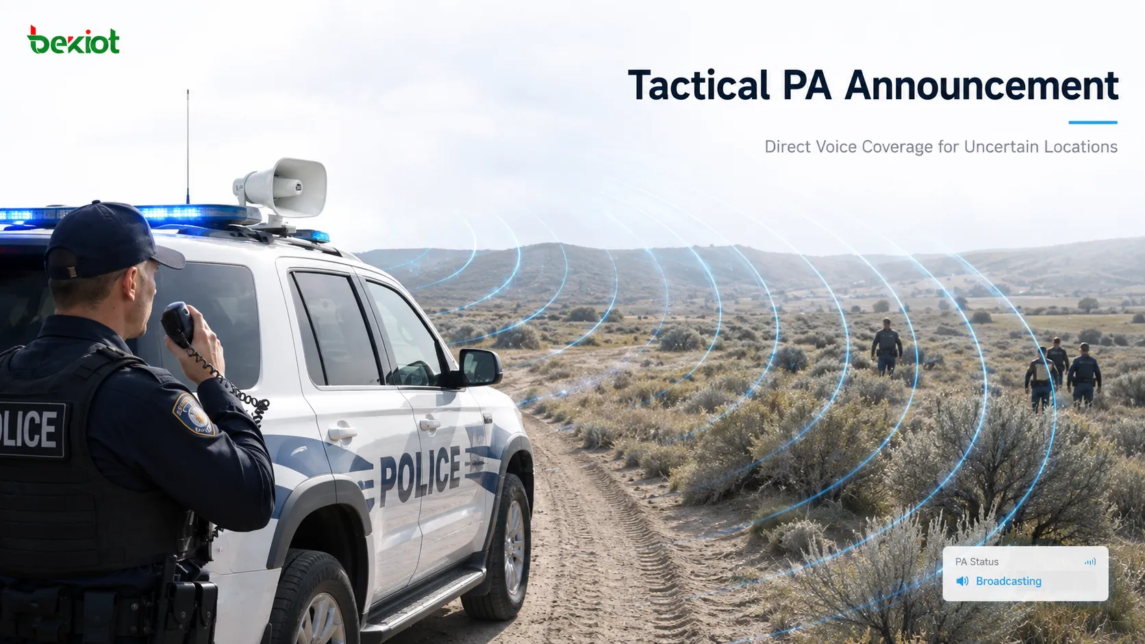Patrol vehicle using a public address system to deliver tactical instructions across a search area