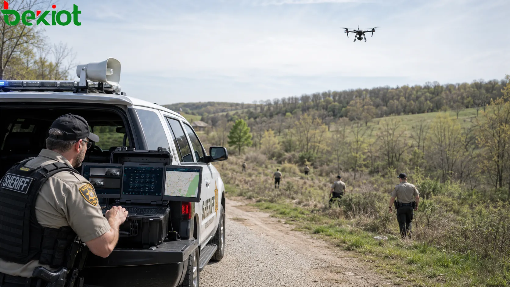 Howell County deputies conducting a coordinated ground and drone search in a rural area