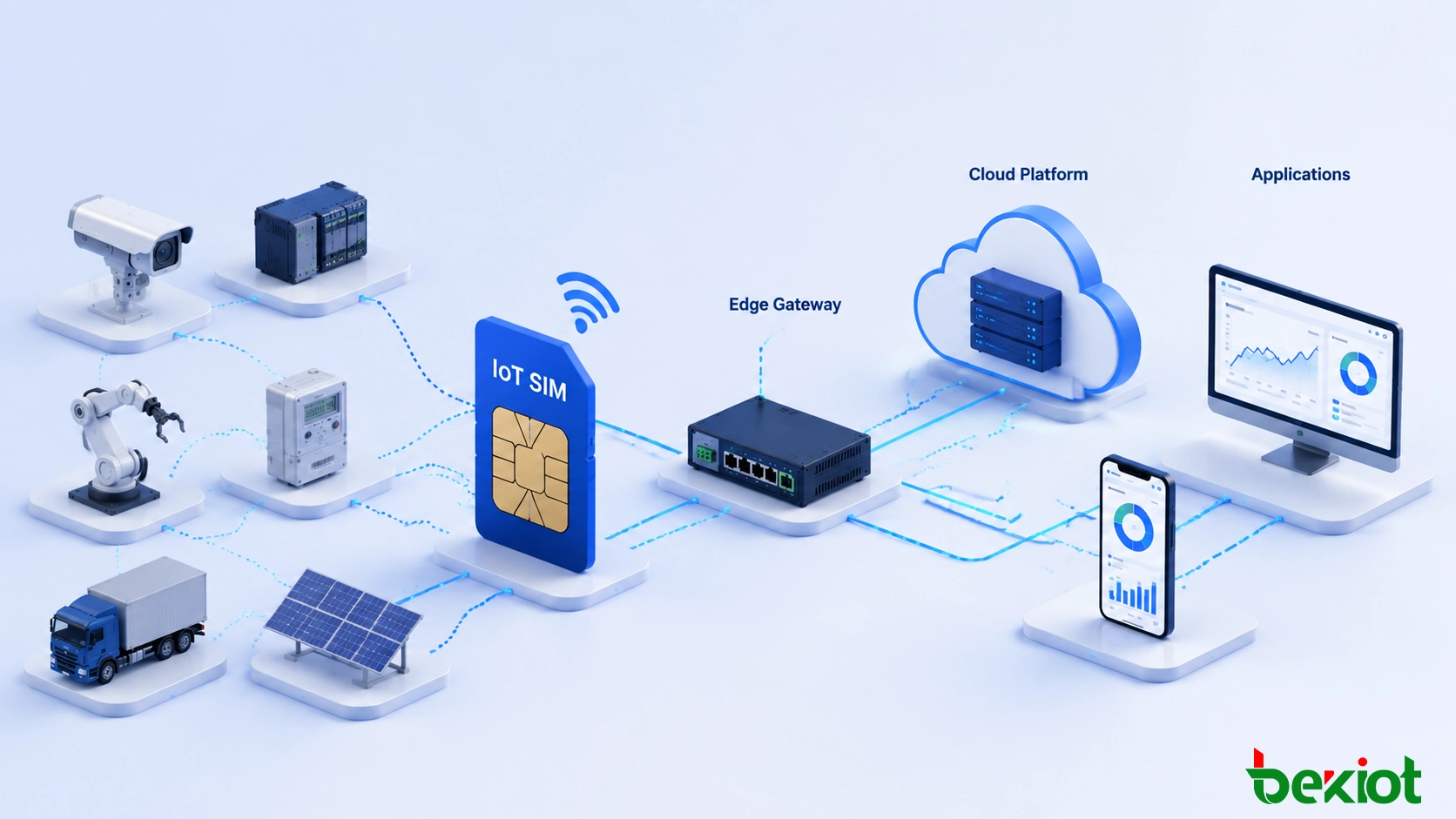 Enterprise IoT connectivity architecture linking industrial devices through IoT SIM cellular networks to cloud edge platforms and business applications