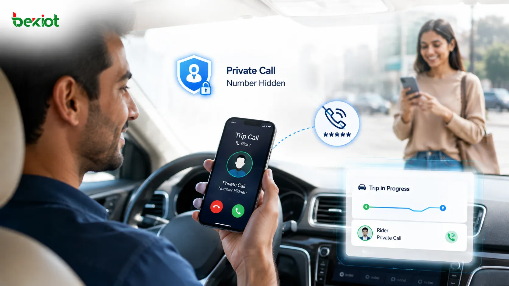 Mobile app VoIP architecture connecting rider and driver clients with call control, media services, and the business platform