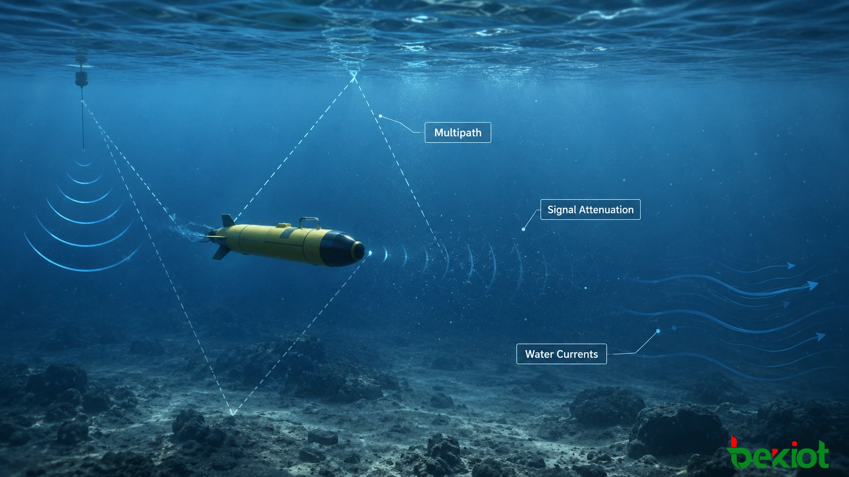 AUV underwater communication environment showing signal attenuation, multipath propagation, water currents and communication challenges