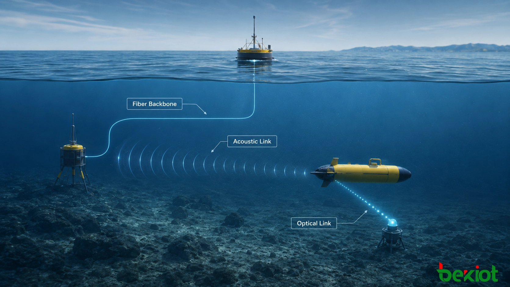 Hybrid AUV communication architecture combining surface control, fiber-connected underwater station, acoustic link and optical data transfer