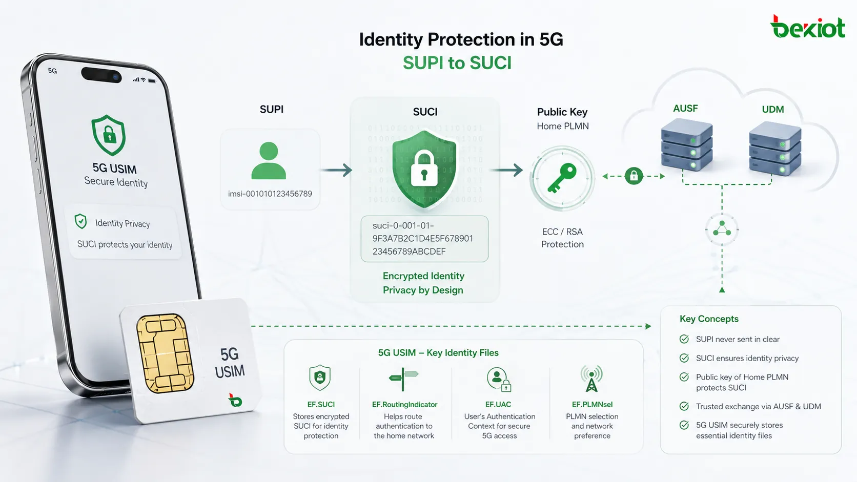 5G USIM using SUCI calculation data, Routing Indicator, UAC, and PLMN-related EF files for identity privacy and access management