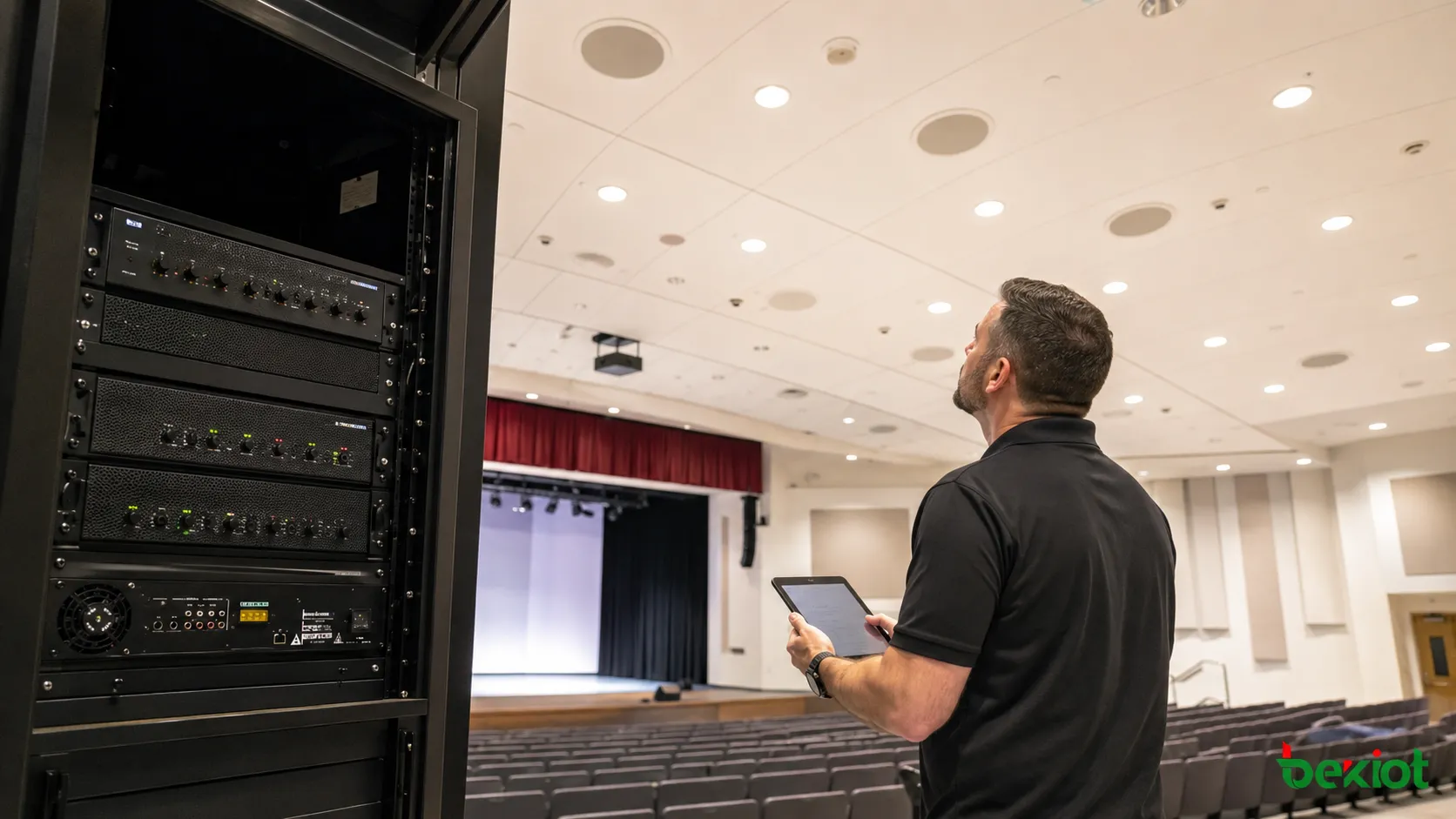 Modern PA system reducing rack space and improving loudspeaker management through high-channel-density amplifiers and integrated DSP
