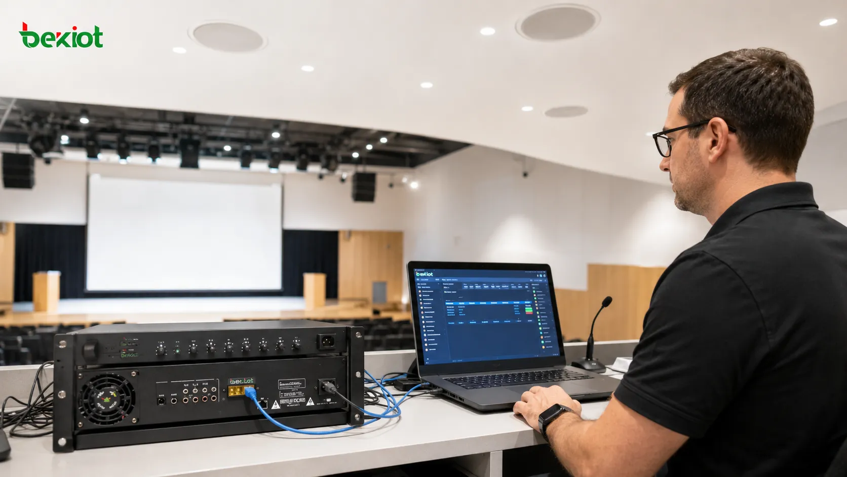 Theater PA system improving live reliability through network monitoring, remote control, and dual Dante and analog inputs