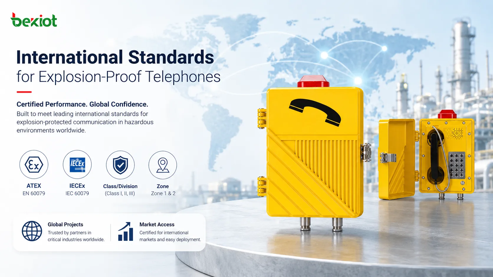 Global explosion-proof telephone standards including ATEX, IECEx, North American Class Division and Zone systems, hazardous-area communications, certification documents and international market access