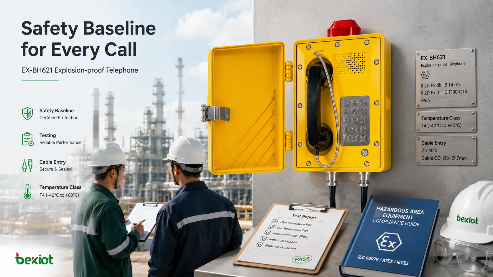 Explosion-proof telephone safety testing covering enclosure construction, cable entries, temperature class, marking, test reports, hazardous-area installation and control-room communications