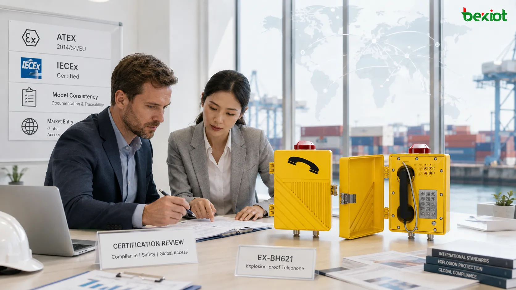 International explosion-proof telephone certification review covering model consistency, ATEX, IECEx, North American hazardous-location classification, procurement approval and market-entry requirements