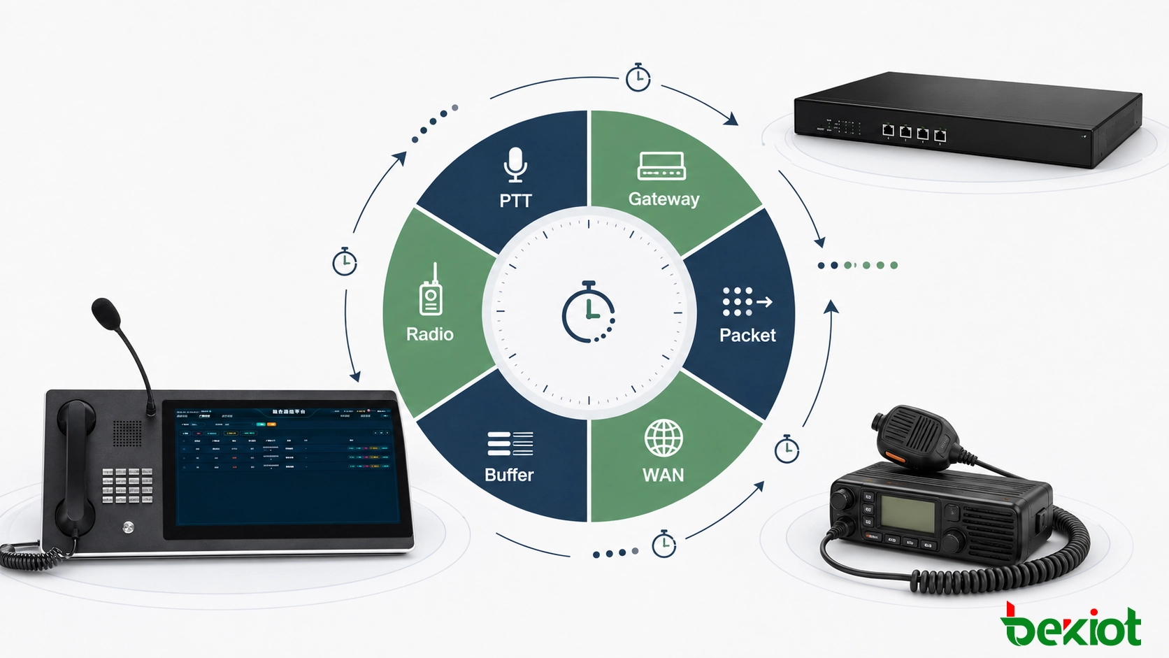 RoIP latency budget showing PTT processing, gateway delay, IP transport, jitter buffer, radio key-up and RF delay