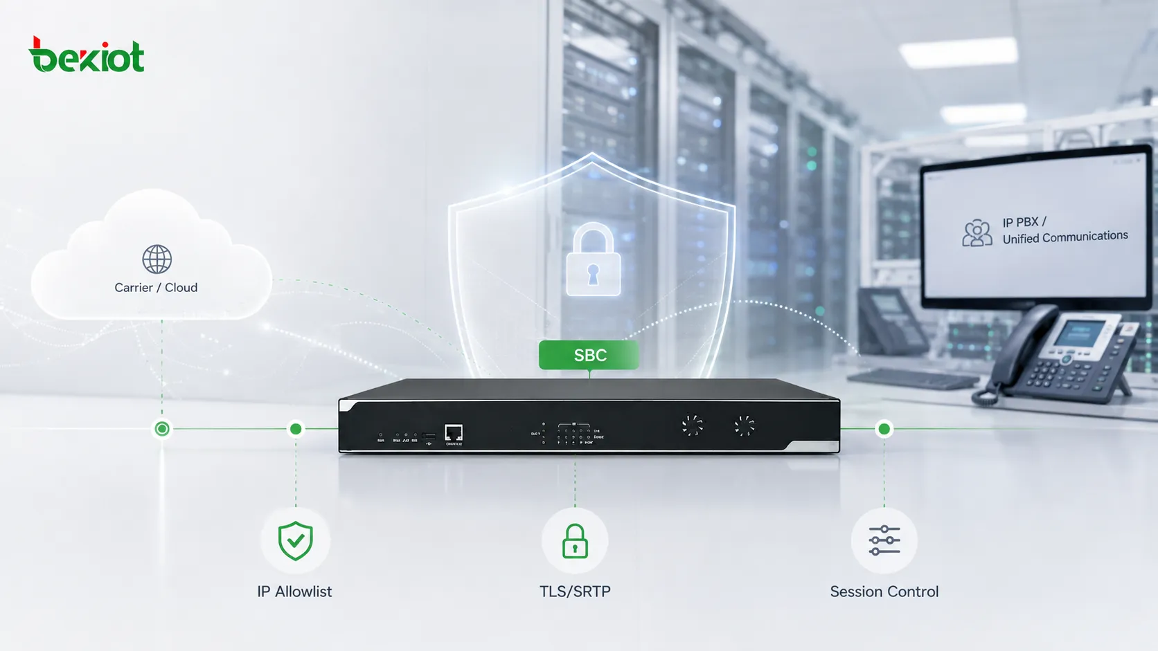 Enterprise SIP trunk protected by an SBC, access controls, encrypted signaling, and abnormal traffic monitoring at the VoIP network boundary
