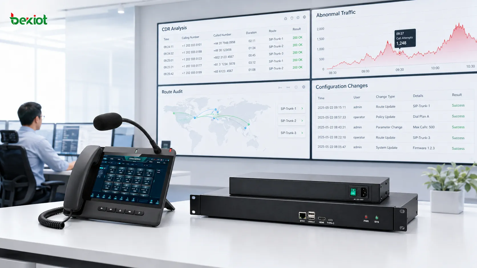 VoIP operations platform using CDR analysis, route auditing, anomaly alerts, and permission records to identify unauthorized international voice traffic