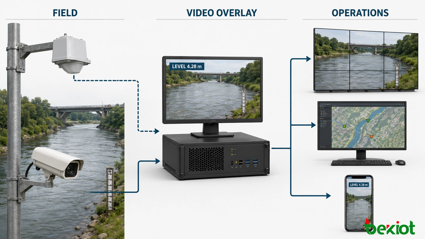 Architecture linking a radar water-level sensor and CCTV camera to a video overlay platform