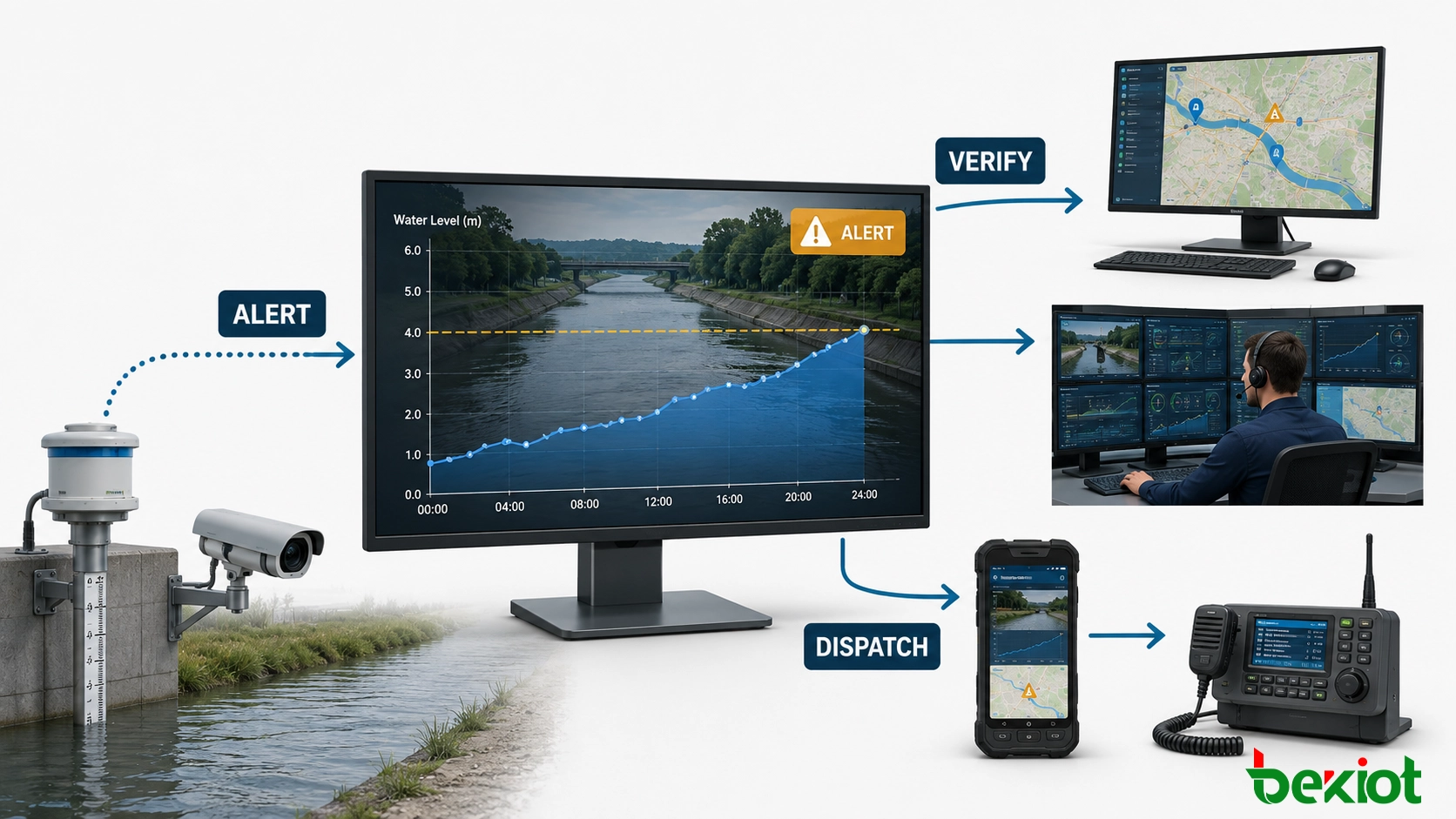 Smart water monitoring alert workflow connecting video, GIS, dispatch, mobile and control room systems