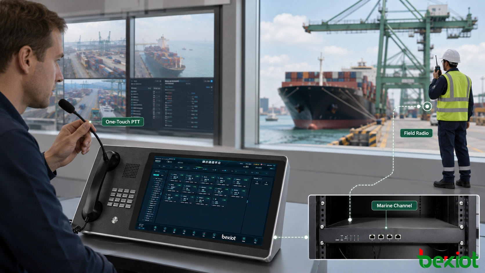 Port dispatcher using one-touch push-to-talk to communicate with vessel and quayside radio users