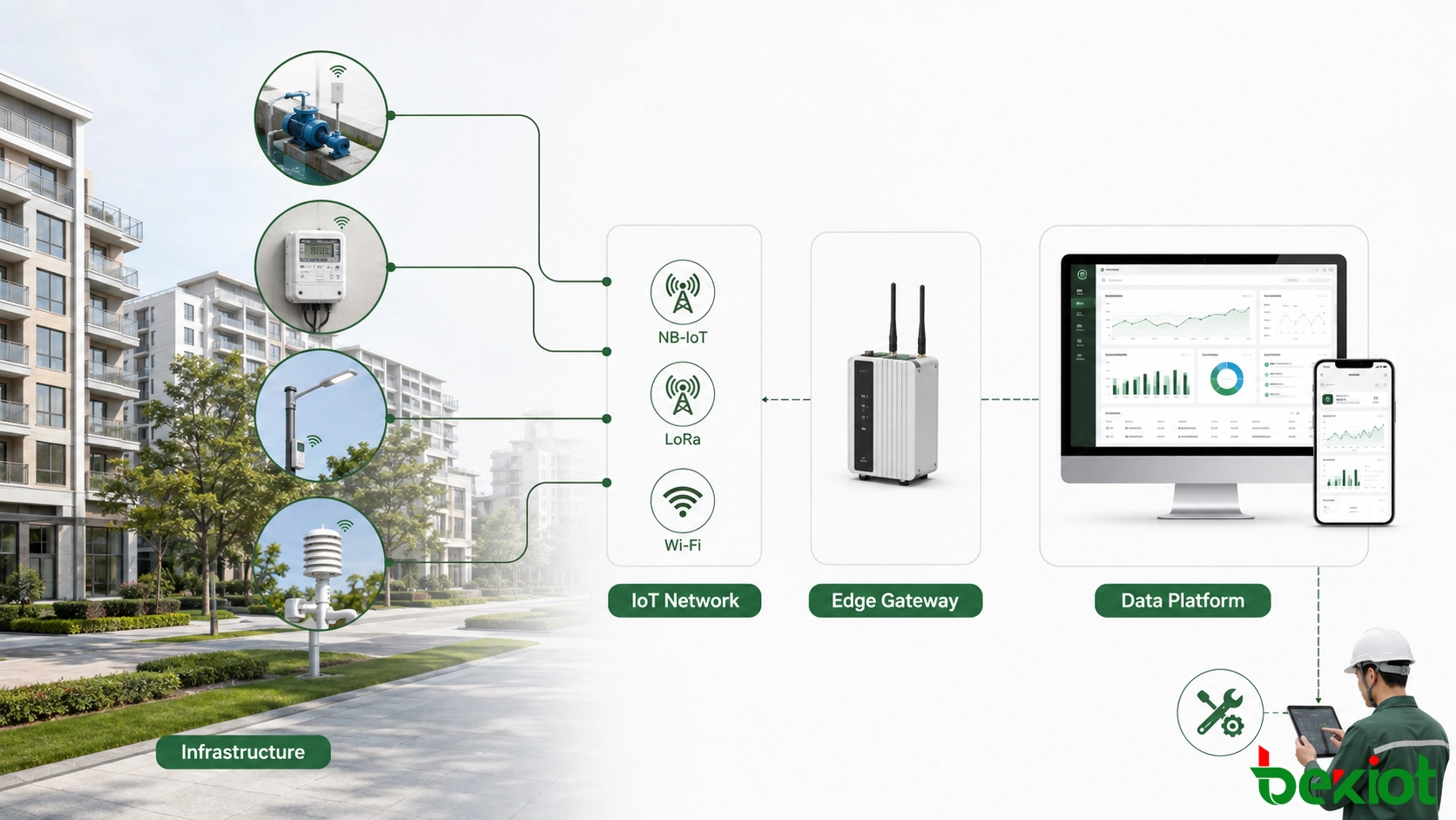 Smart community digital foundation connecting utility sensors, IoT networks, edge gateways and a data platform