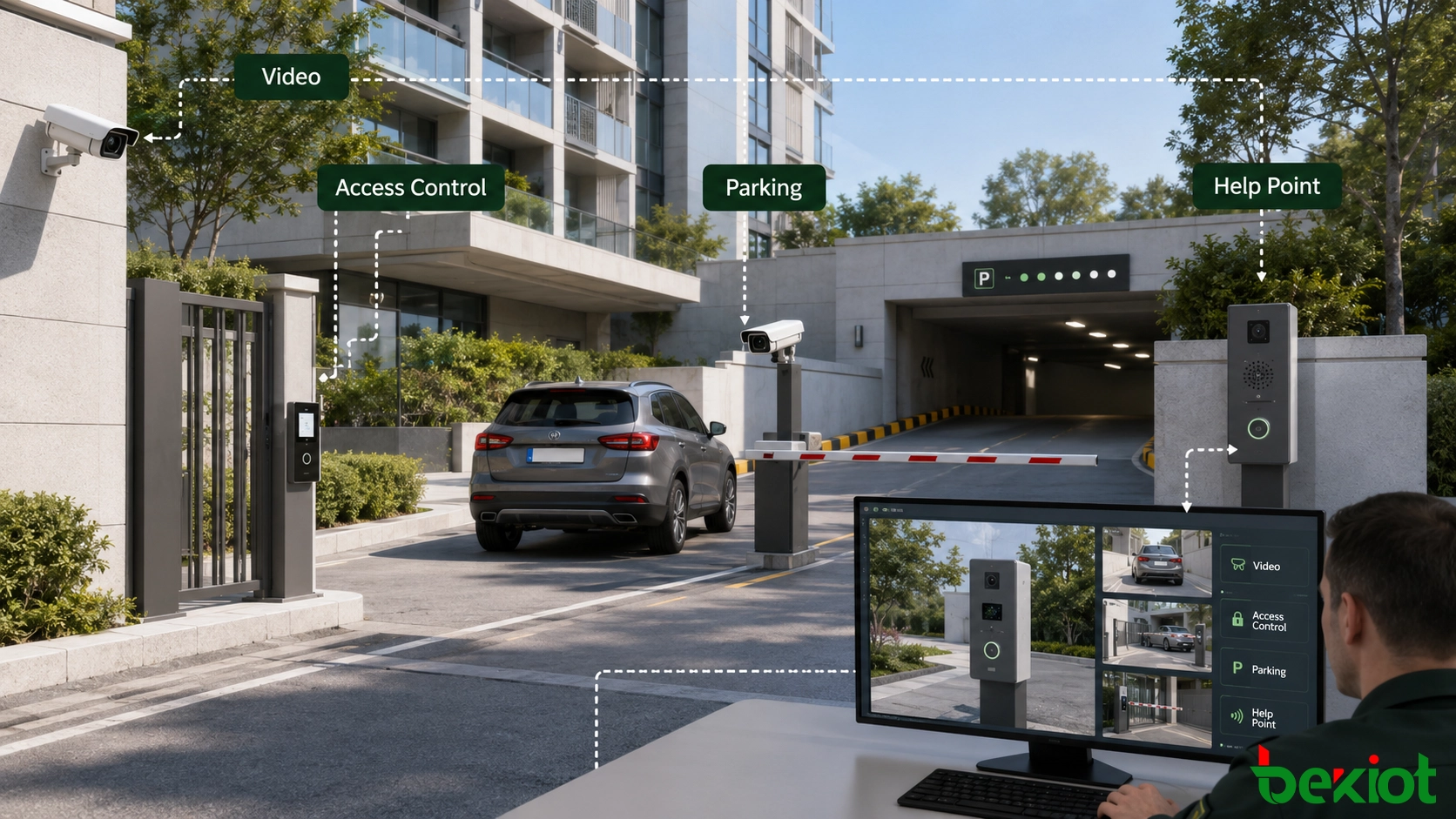 Integrated community security and parking workflow with video, access control, intercom and license plate recognition