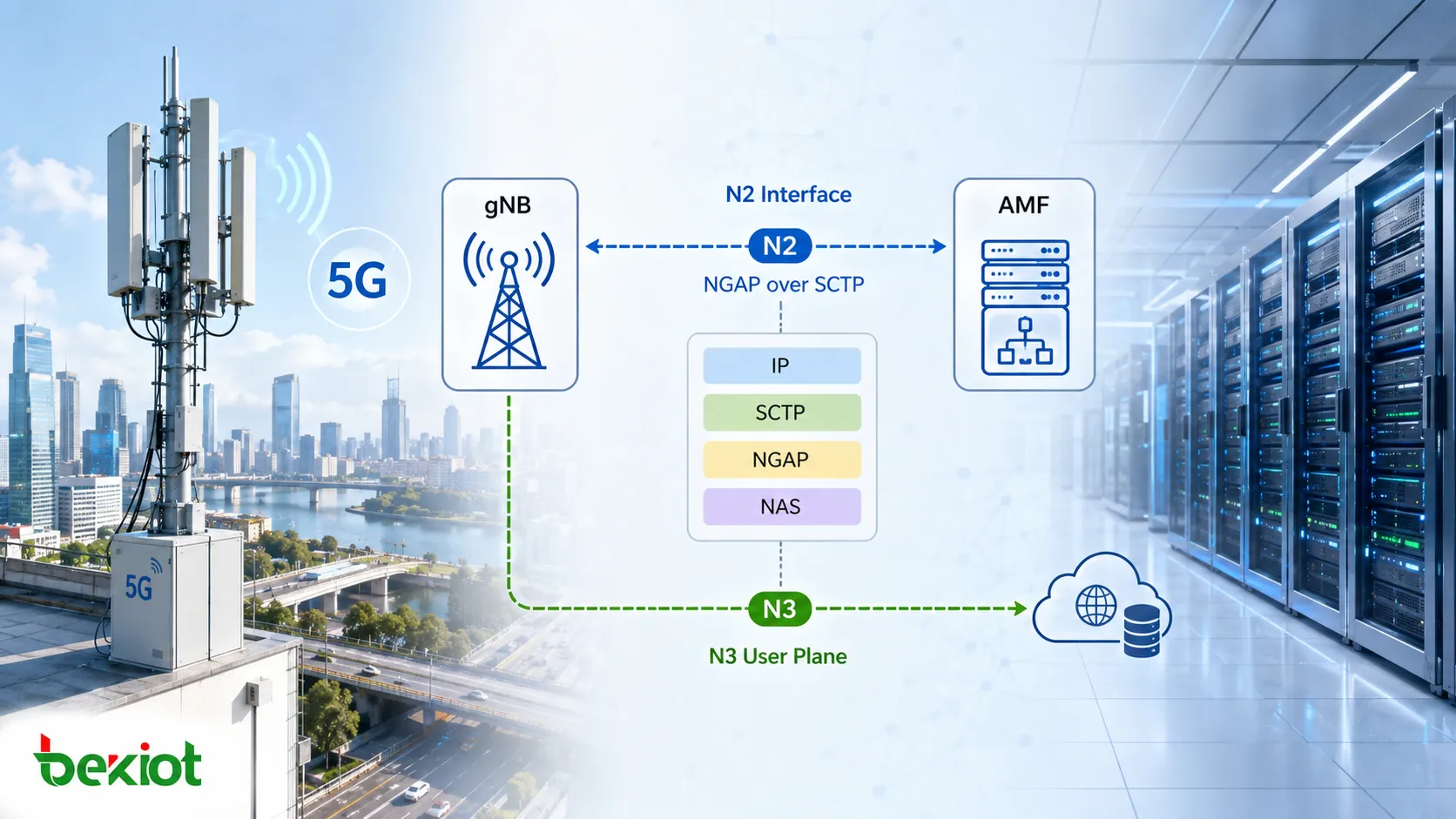 5G N2 interface connecting the gNB and AMF through SCTP and NGAP while carrying NAS signaling and UE control-plane procedures