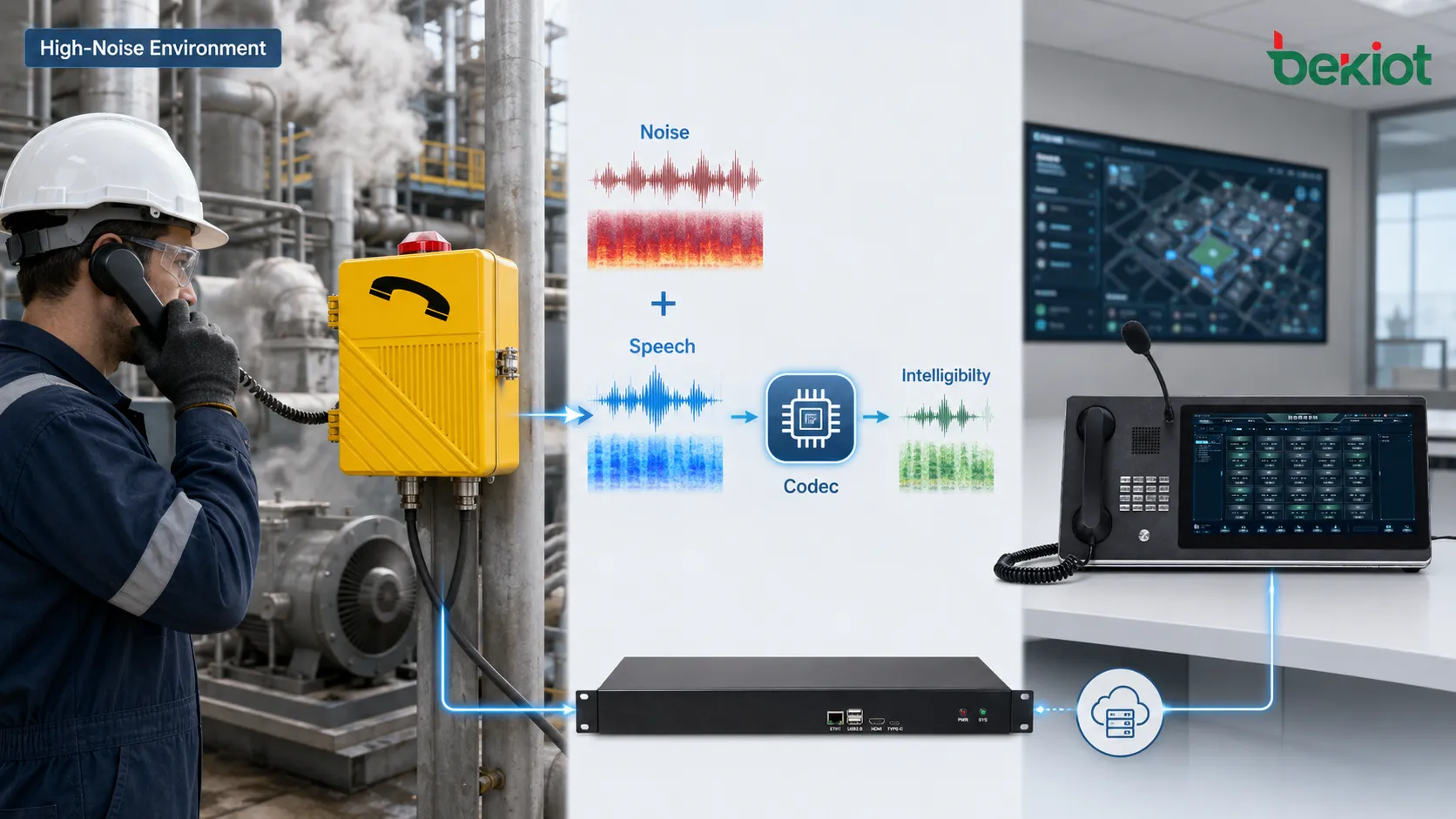 Industrial telephone codec intelligibility test in a high-noise workshop with field workers, control-room dispatchers, waveform comparisons, codec parameters and speech comprehension feedback
