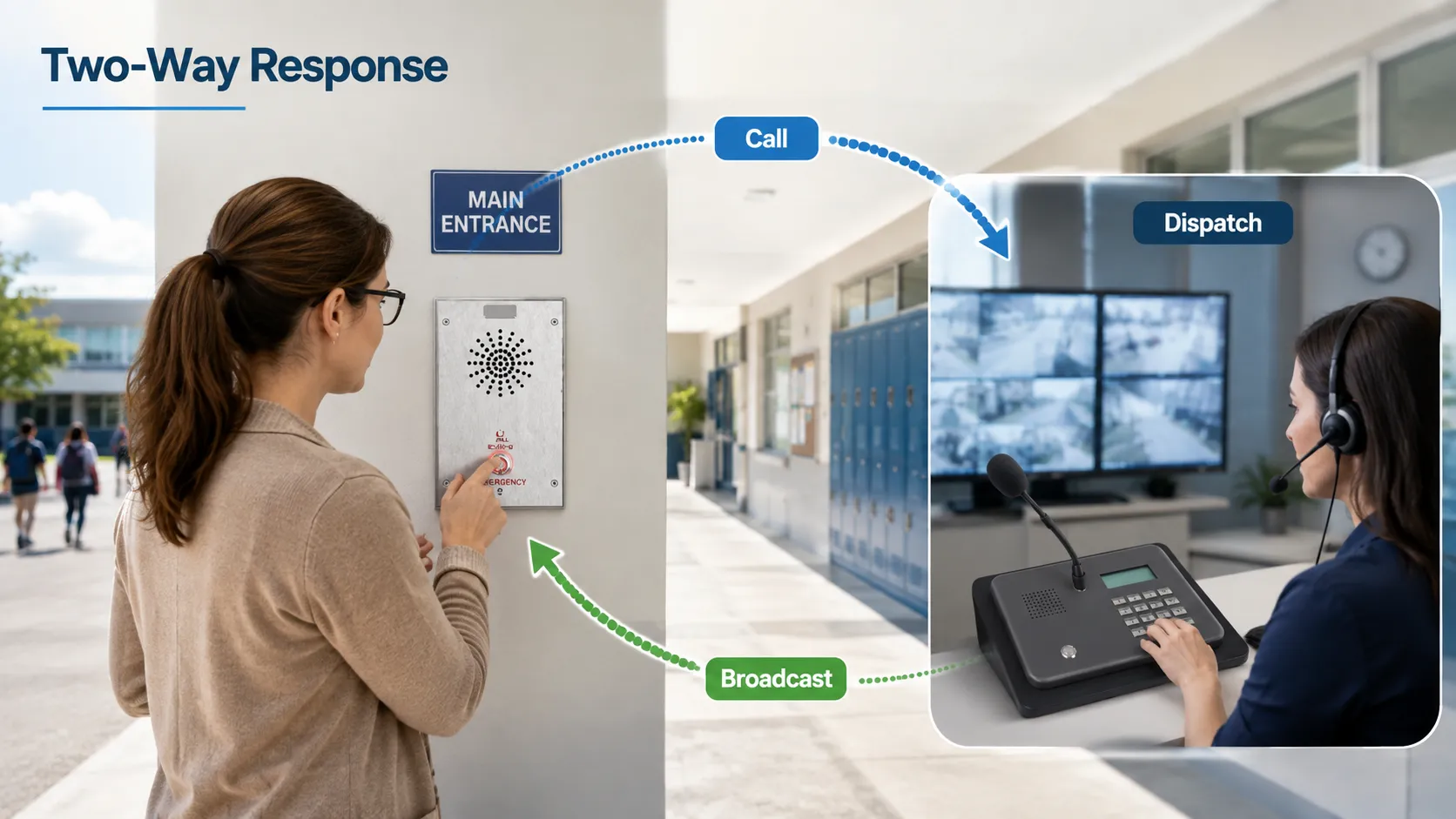 Campus PA broadcasting and two-way intercom forming a closed loop, with on-site teachers or duty staff feeding back events to the management center through intercom terminals and triggering coordinated zone broadcasts