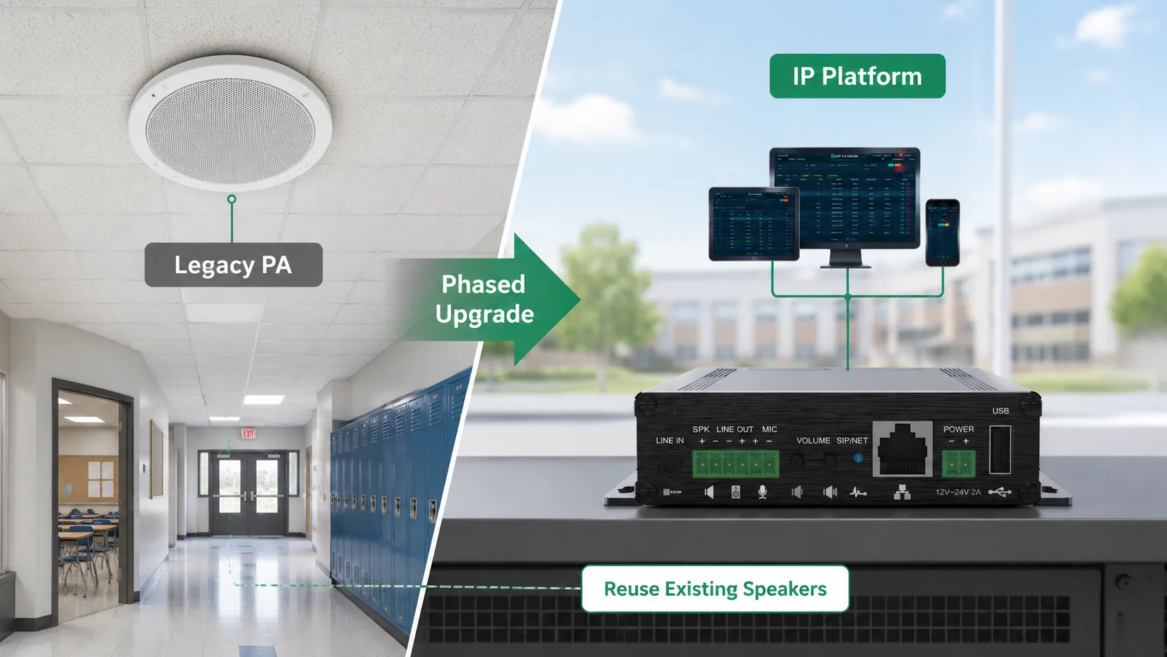 Legacy analog campus broadcast system integrated into a new campus PA platform through IP broadcast gateways, while retaining existing amplifiers and speakers and gradually adding IP terminals