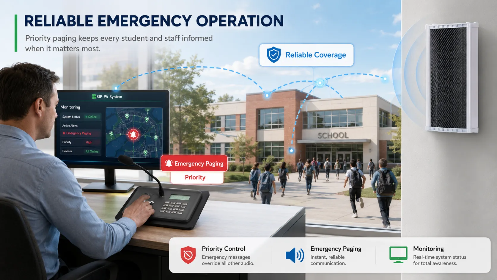 Campus PA system maintaining critical broadcast capability during server, network or power anomalies through UPS, local playback, edge control and network redundancy