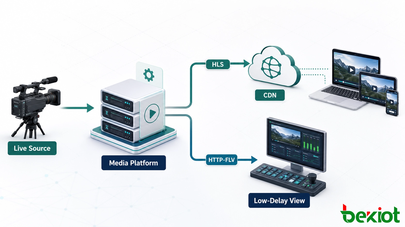 Live video delivery architecture with HLS and HTTP-FLV output paths