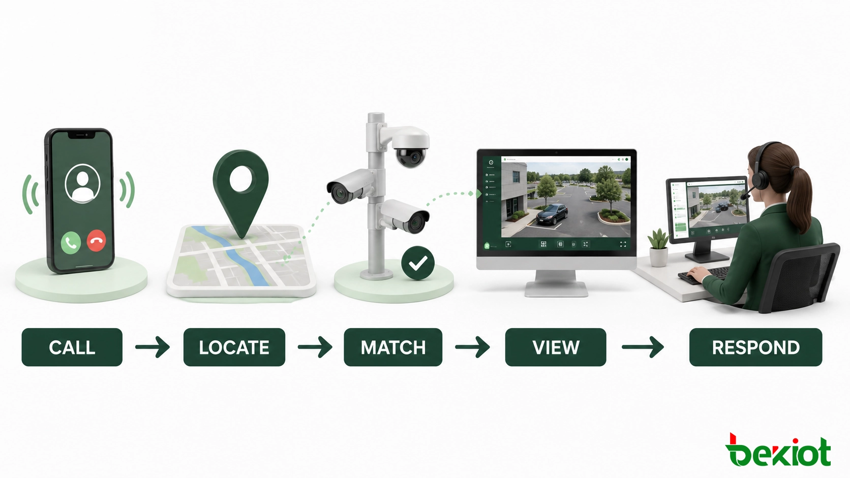 Workflow showing an incoming call being located, matched with nearby cameras, converted to a browser video stream and displayed to an agent