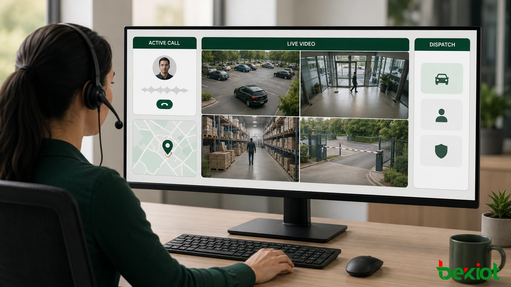 Call center agent workspace with call information, a four-camera live view, location details and incident handling controls