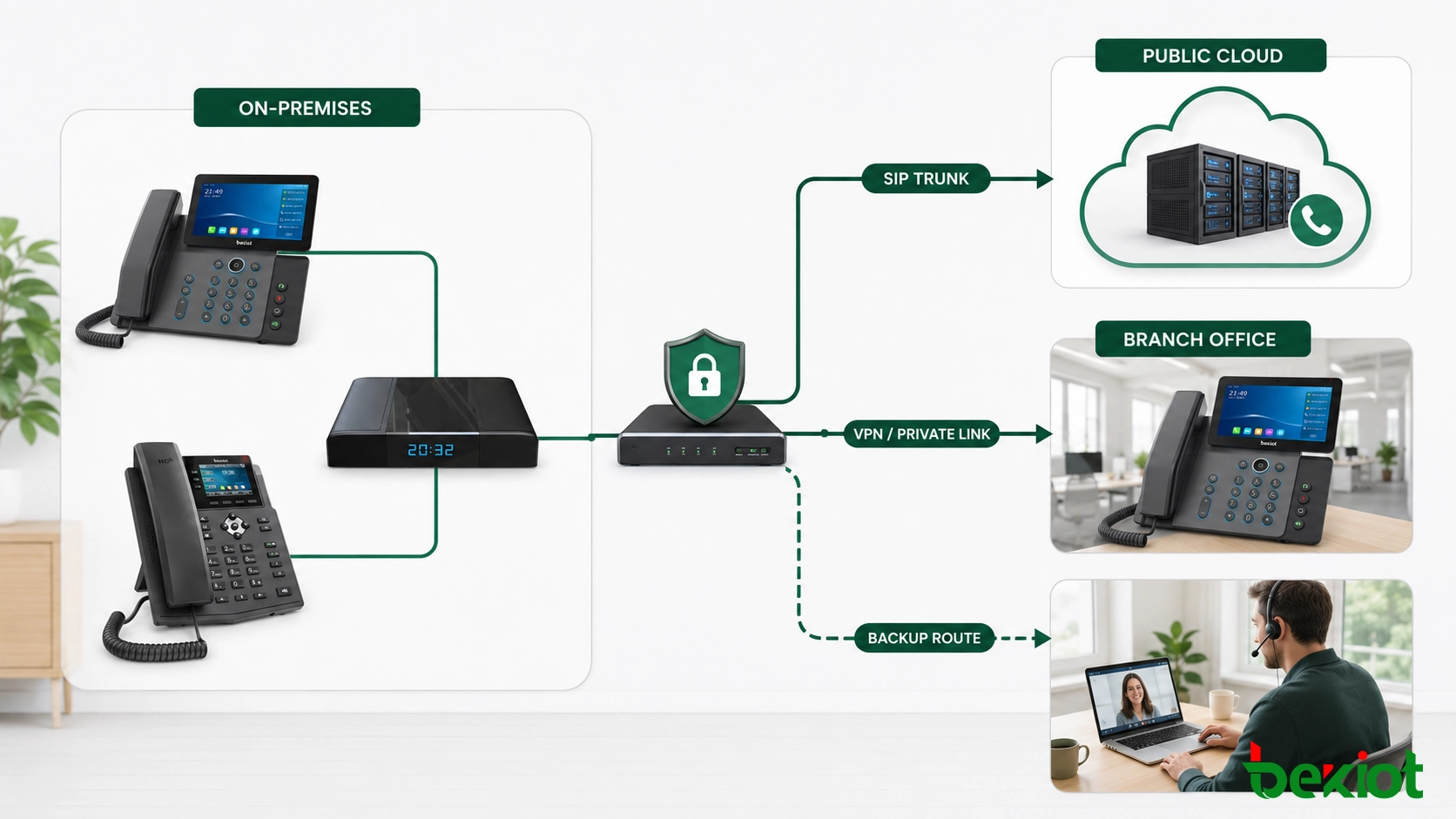 Hybrid cloud communications architecture connecting SIP phones, an on-premises call control system, secure network links and public cloud services