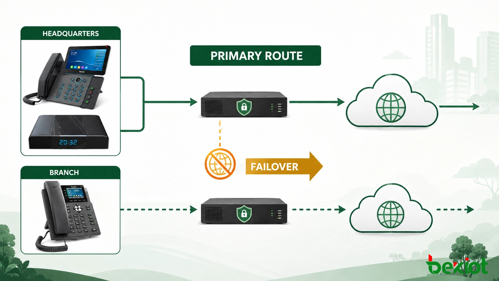 SIP call routing and failover workflow between office phones, a local PBX, a secure edge and cloud communication services