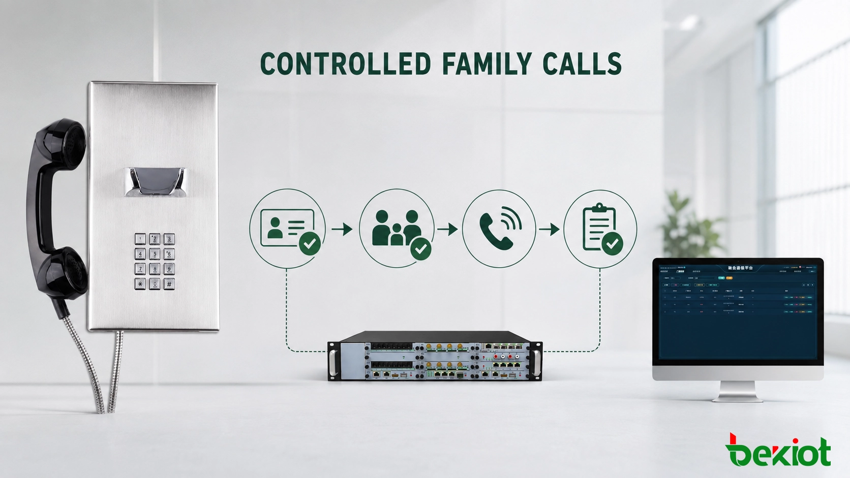 Secure inmate family call workflow from identity verification and approved contacts to supervised calling and audit records