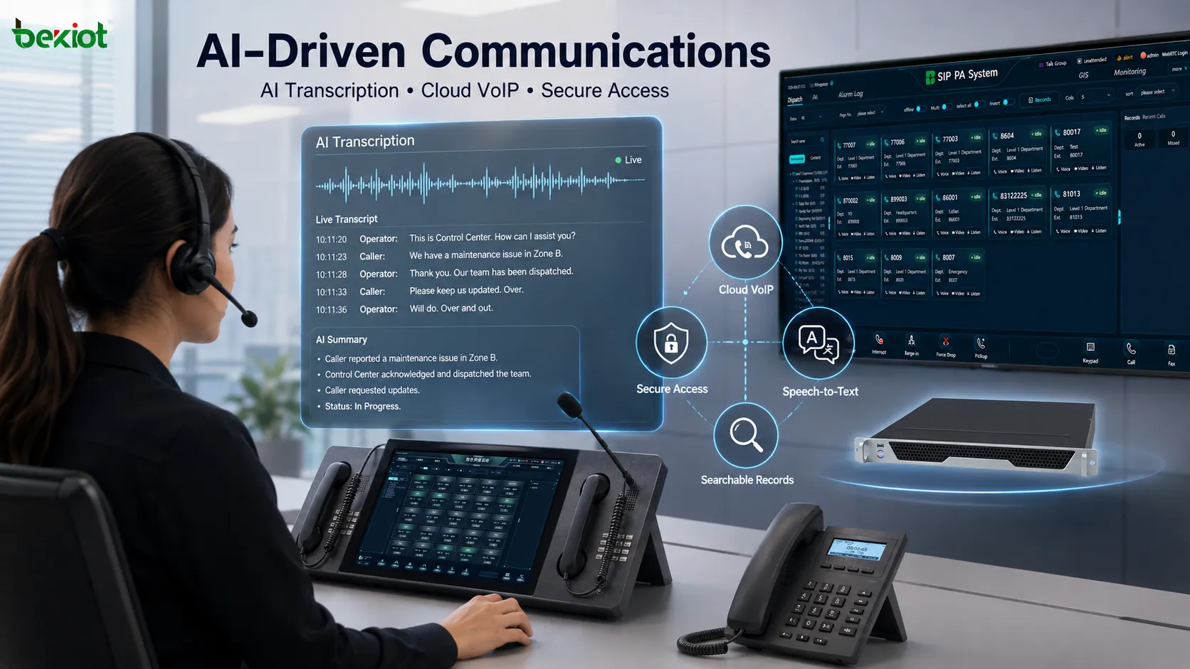 Secure cloud VoIP platform connecting remote users, multi-channel operator positions and enterprise communication systems through SIP, VPN access and AI transcription