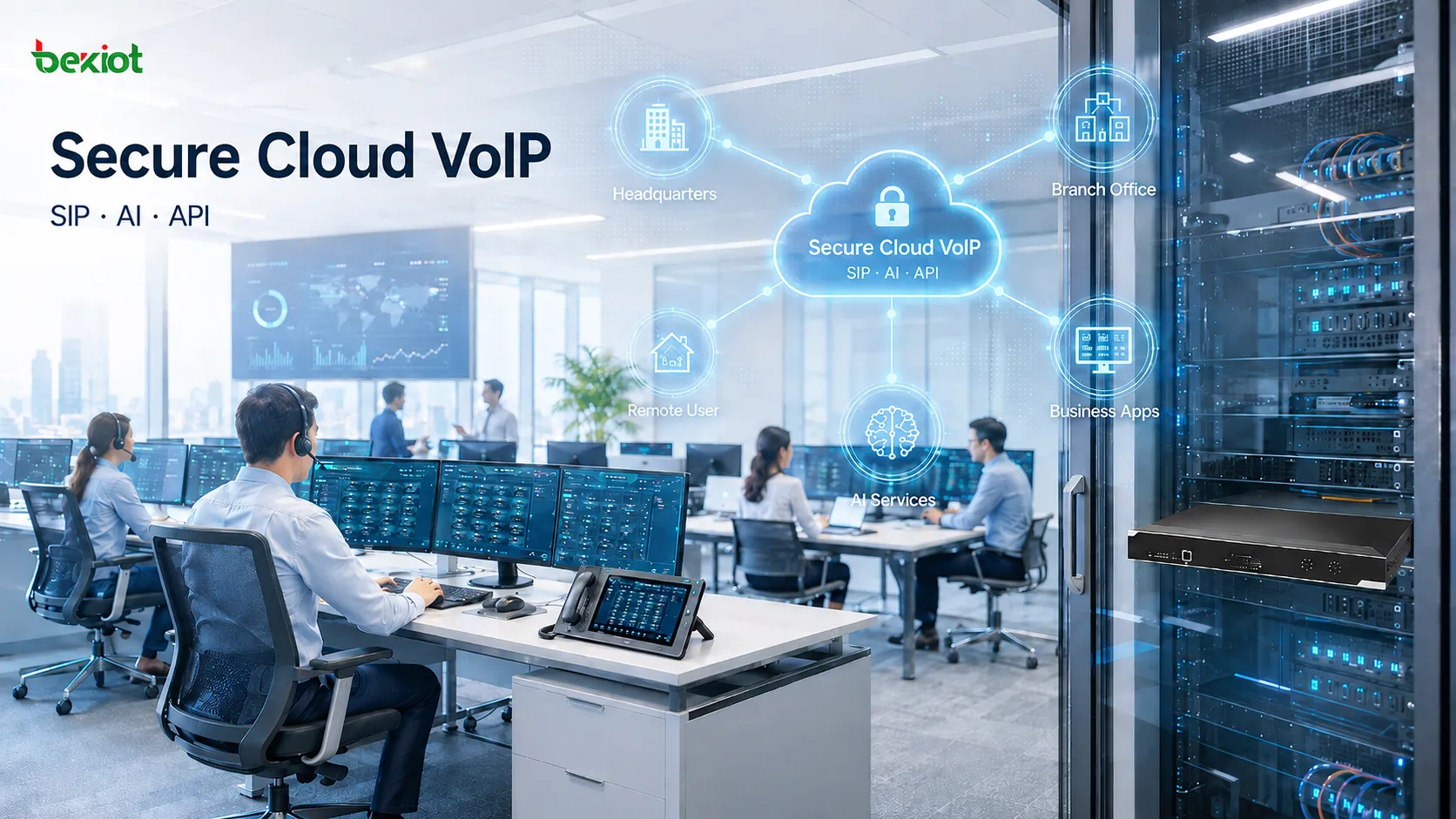 Enterprise VoIP collaboration architecture integrating SIP multi-channel communication, software turret positions, AI transcription, business applications and secure cloud services into one workflow