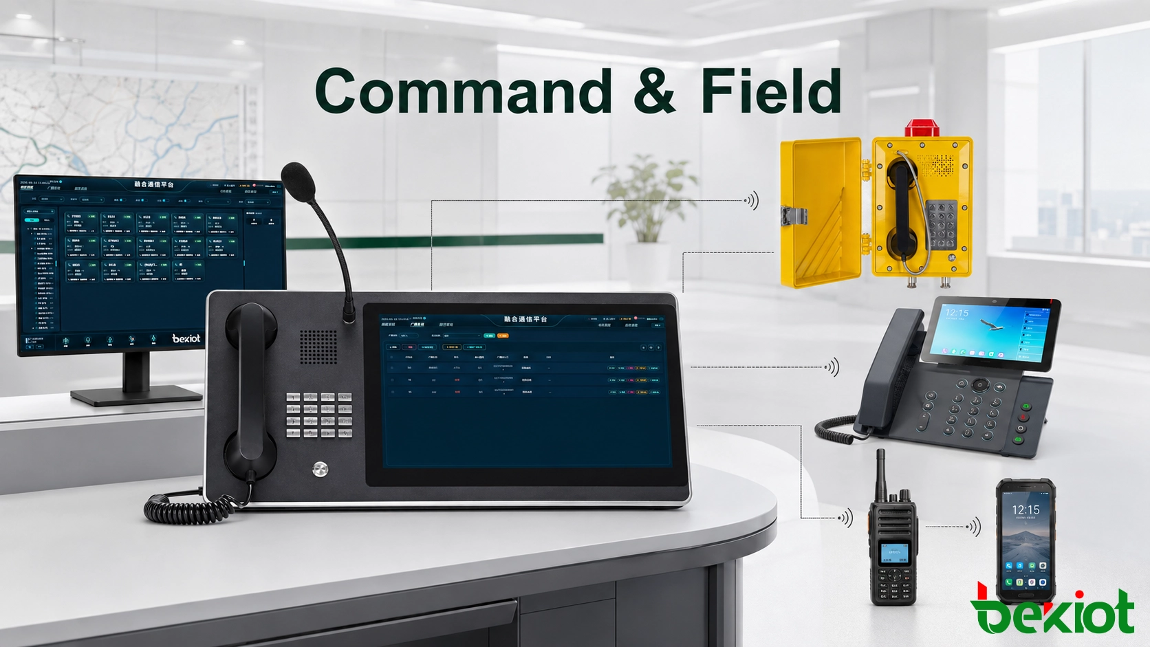 Dispatcher using a command console to communicate with radio users mobile personnel and fixed IP terminals