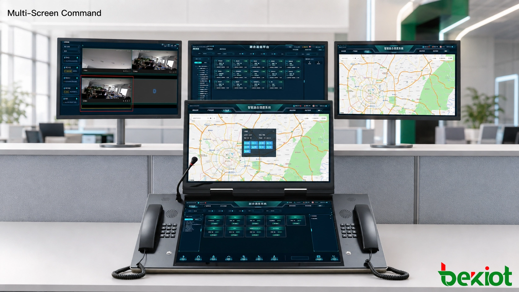 Third-generation multi-screen command workstation displaying communication resources GIS maps video surveillance and alarm information