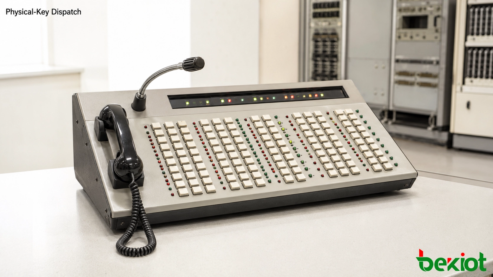 First-generation dispatch console with dozens of programmable physical keys for telephone extensions and call control