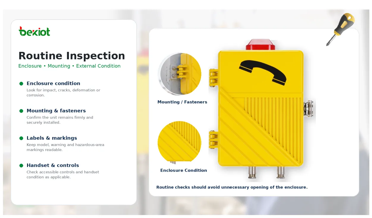 Routine inspection of an explosion-proof telephone enclosure, mounting bolts, and explosion-protection-related components