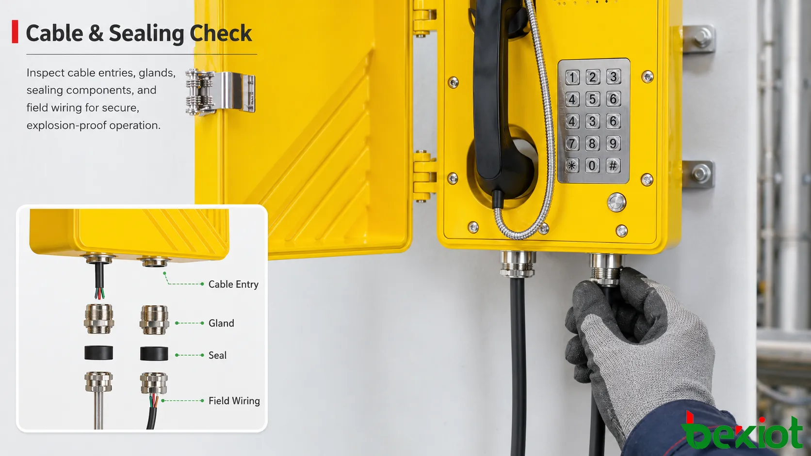 Inspection of explosion-proof telephone cable entries, sealing glands, and field wiring connections