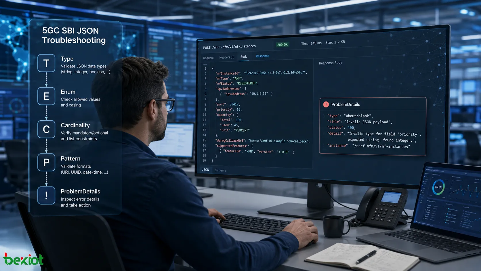 5GC engineer troubleshooting SBI JSON messages by checking API resources, field types, enumeration values, Cardinality, formatting constraints and ProblemDetails