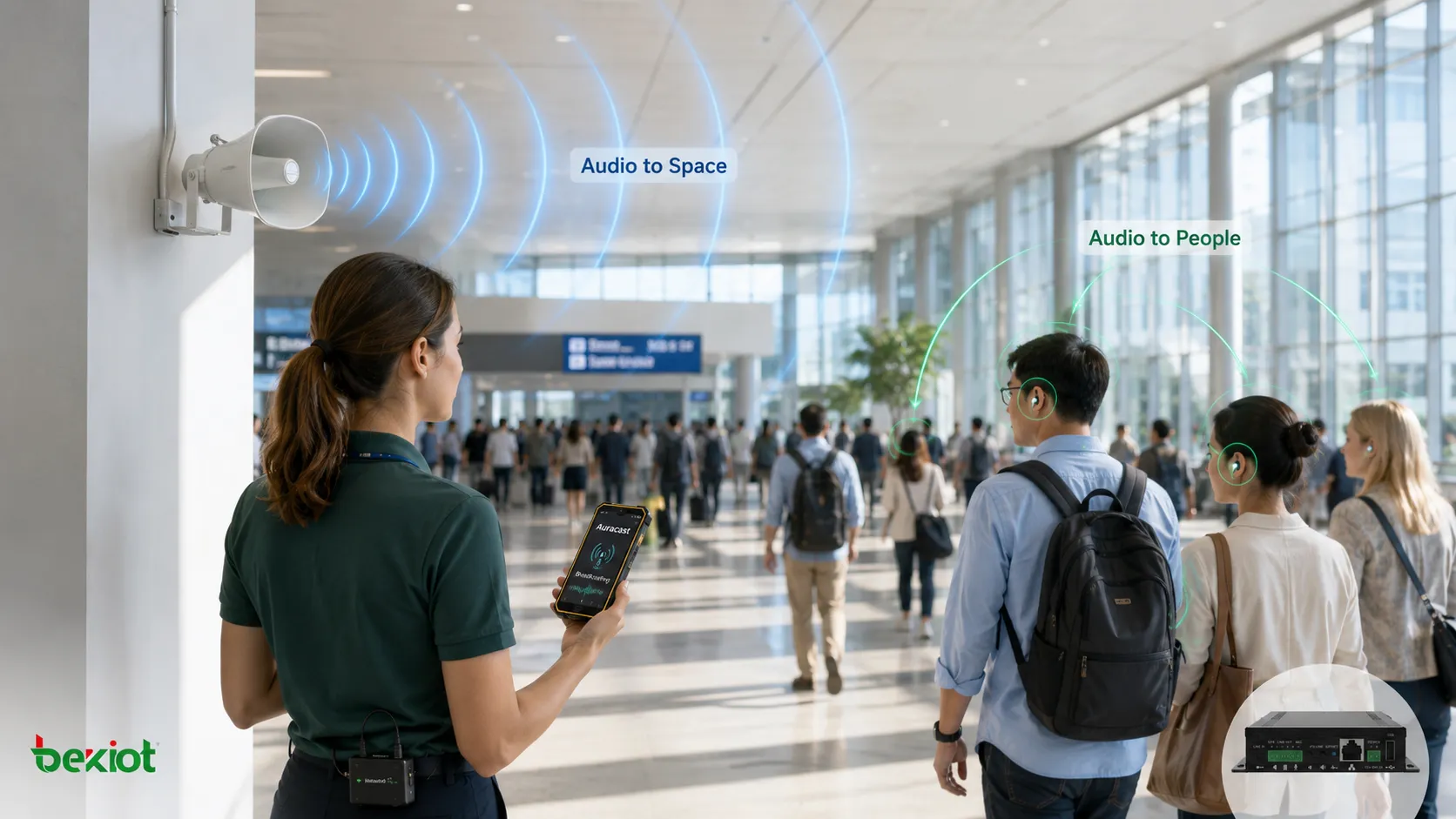 Comparison between Auracast personal audio broadcasting to individual receivers and a traditional public address system covering a physical space with loudspeakers